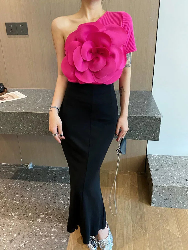 2024 New Summer Vest Women Three-dimensional Flowers Patchwork Slim Off-shoulder Backless Sleeveless Suspender Female