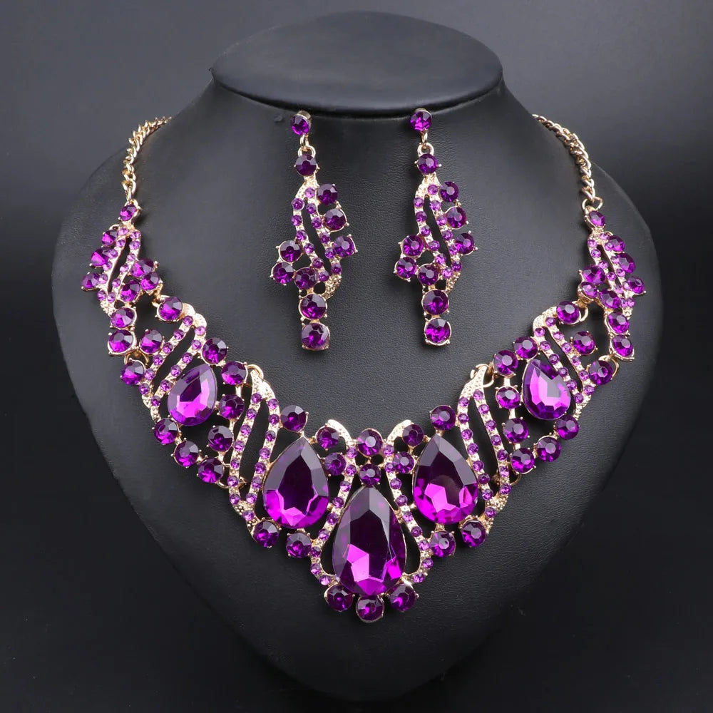 Fashion Crystal Gold Color Necklace Earrings Indian Bridal Jewelry Sets For Brides Wedding Party Costume Accessories Women