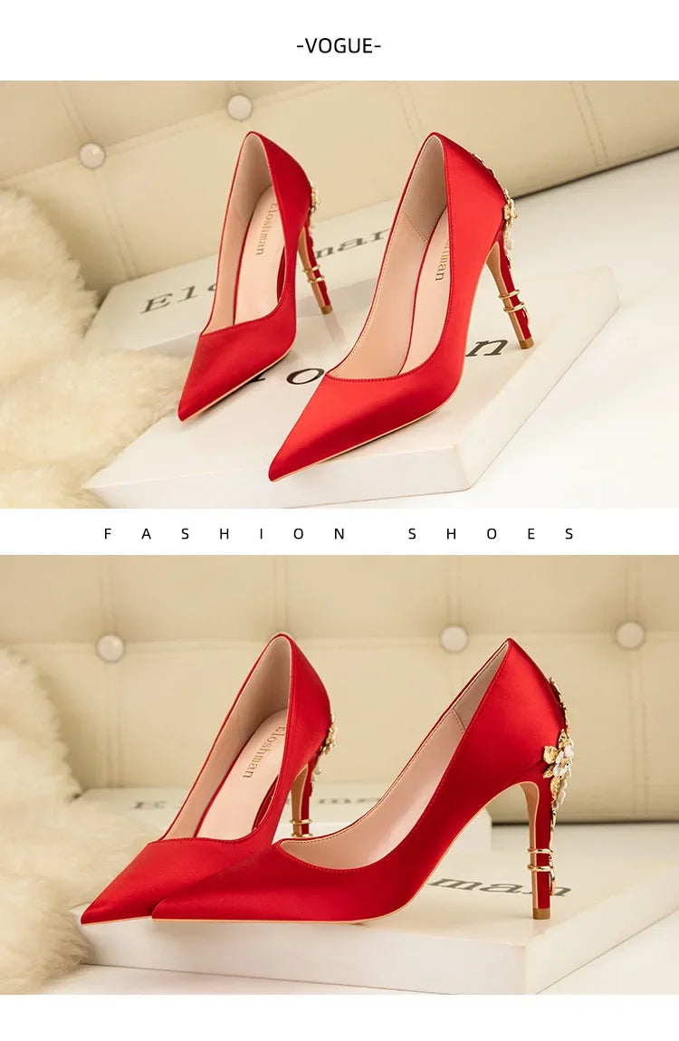 Women's Metal Flowers Stiletto High-heel Shoes Female  Light Luxury Sexy Fashion Wedding Shoes Pointed Toe Satin Single Shoes
