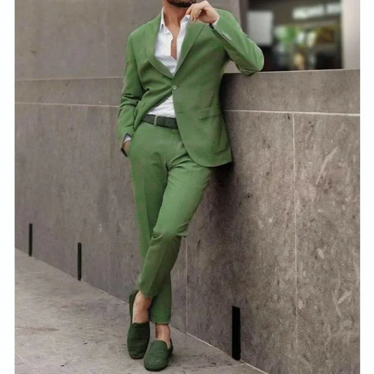Formal Suit for Men Green Slim Fit Costume Homme Single Breasted Peak Lapel Skinny 2 Pieces Jacket Pants Male Party Clothing
