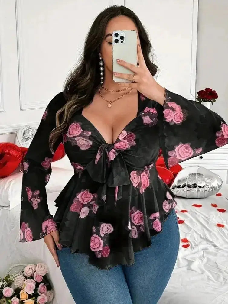 New net fabric rose flower printed net fabric blouse with fitted long sleeves, elegant series net fabric strapless long-sleeved