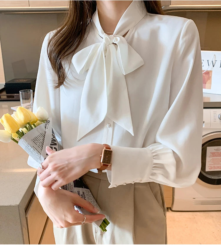 H Han Queen New Arrival Shirt Womens Blouse Vintage Work Casual Tops Chiffon Blouse Bow Elegant Loose Women Business Shirts 2021