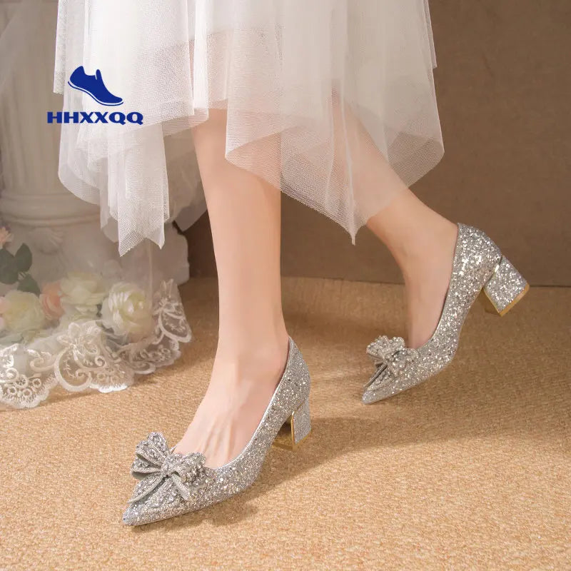 Wedding Shoes for Women 2024 Brand Fashion Women's High Heels Summer Pointed Toe New Crystal Butterfly-knot Bride Shoes