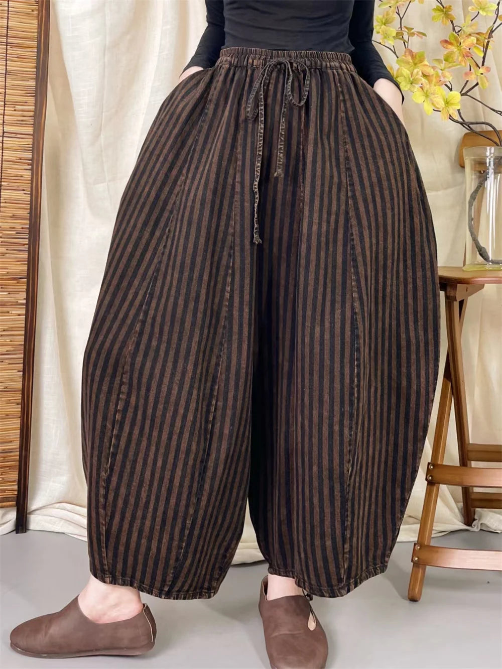 High Quality Cotton Linen Casual Pants Women New Arrival 2024 Autumn Vintage Style Striped Female High Waist Harem Pants M075