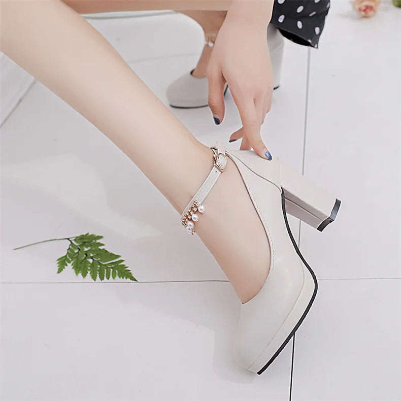 Women's Wedding Shoes String Bead Ankle Strap Elegant Middle High Heel Dress Platform Bridal Pearl Pumps 8cm 2023 Autumn Leather