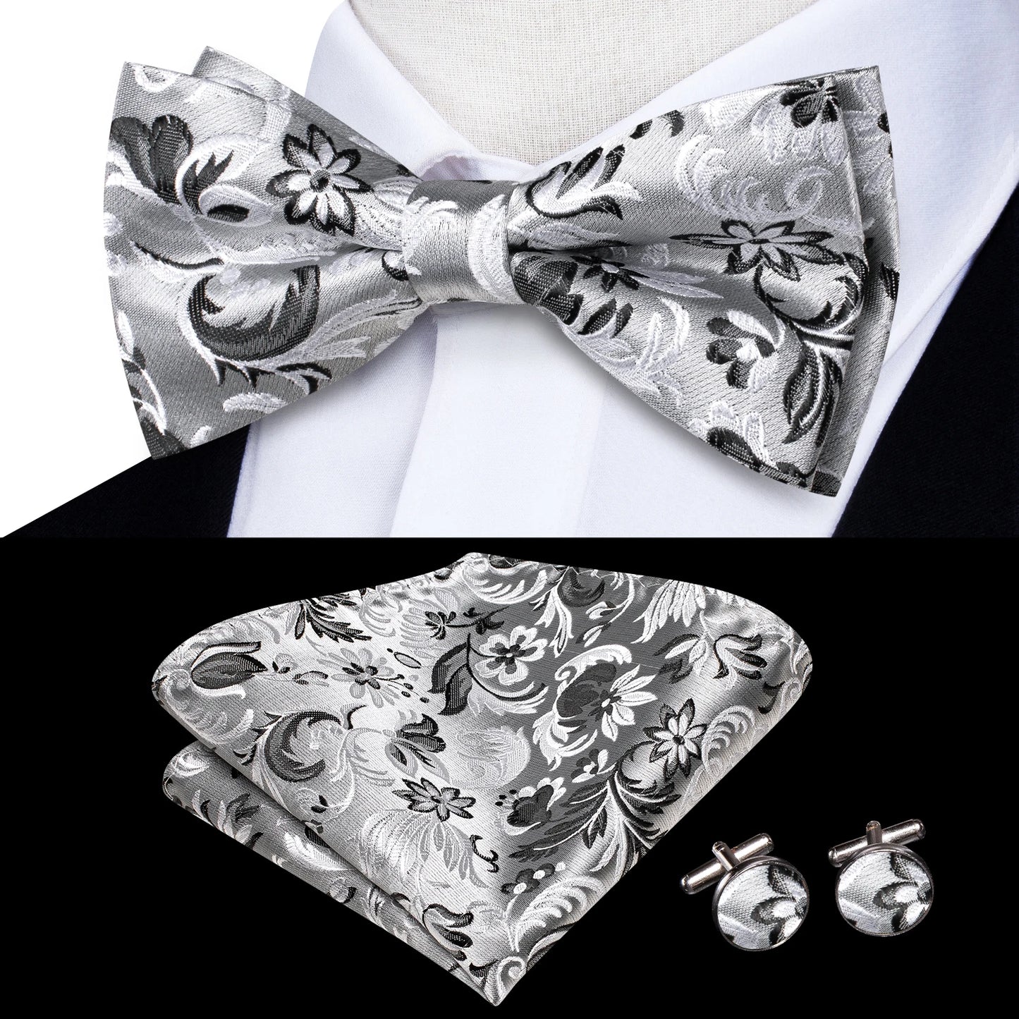 Hi-Tie Pink Dot Silk Mens Pre-tied Bow Tie Hanky Cufflink Set Dusty Pink Butterfly Knot Bowtie for Male Wedding Business