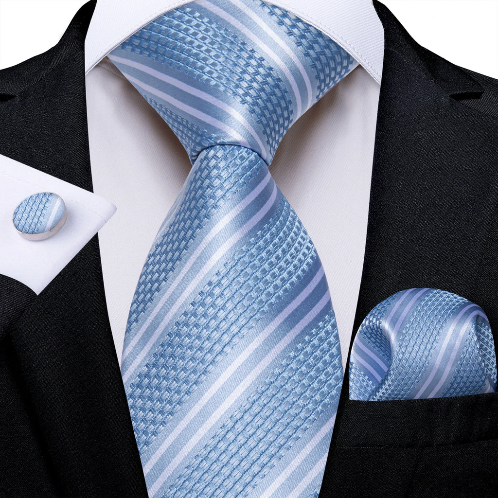 Light Blue Men's Tie Set Handkerchief Cufflinks Solid Paisley Floral Wedding Party Formal Groom Suits Accessories Gift Husband