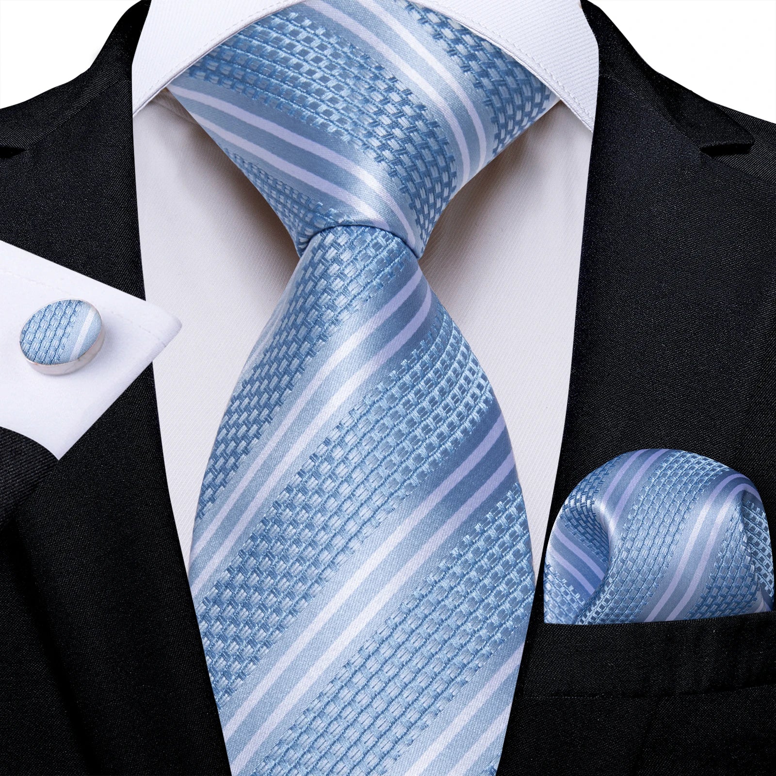 Light Blue Men's Tie Set Handkerchief Cufflinks Solid Paisley Floral Wedding Party Formal Groom Suits Accessories Gift Husband