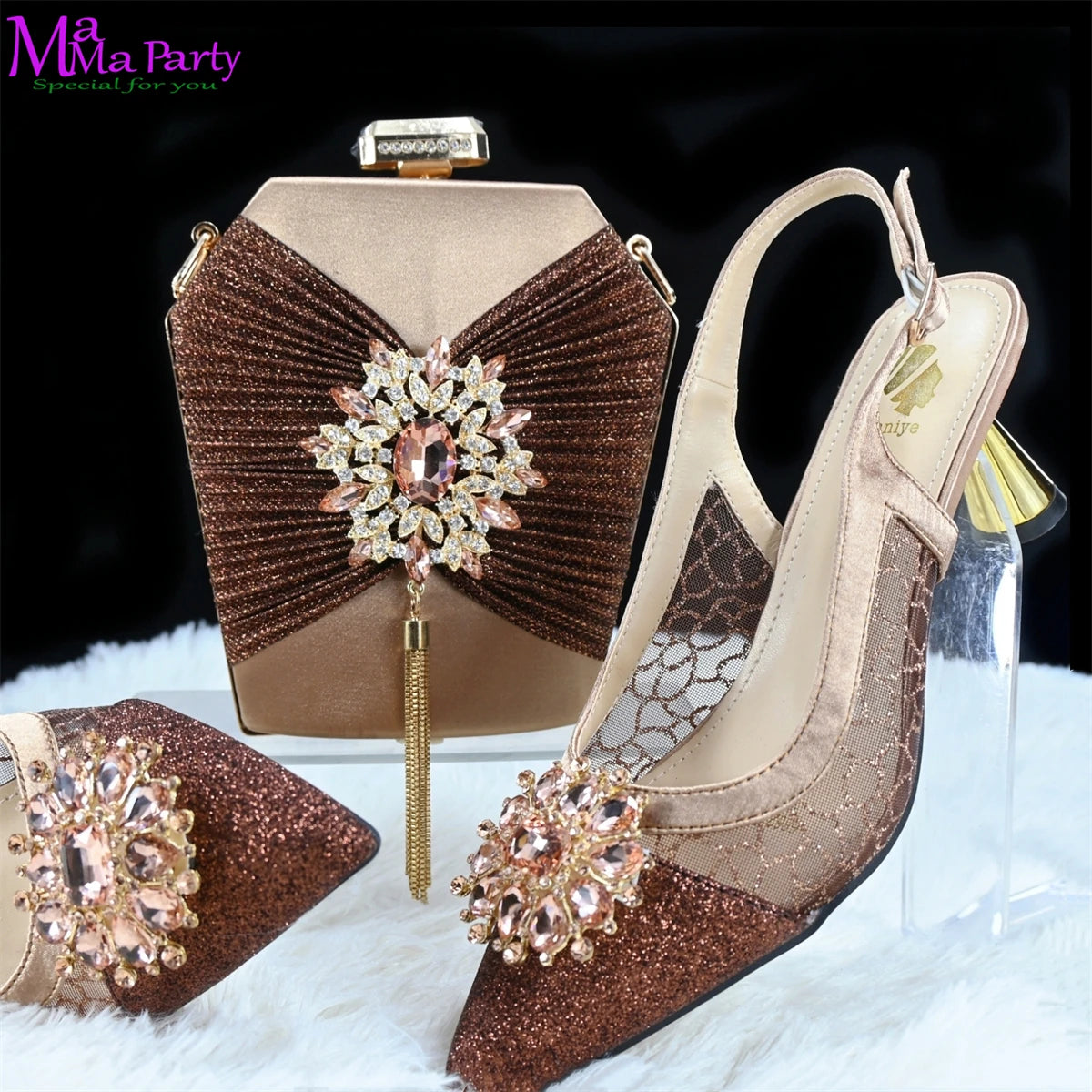 2025 Winter New Arrivals Low Heels in Coffee Italian Women Shoes and Bag Set Elegant Ladies Pointed Toe Pumps for Wedding Party