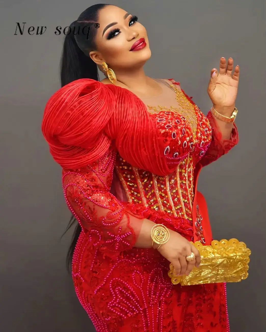 Plus Size Red Long Sleeves Mermaid Evening Dresses Sparkly Crystals Beaded African Wedding Reception Party Gowns Customized