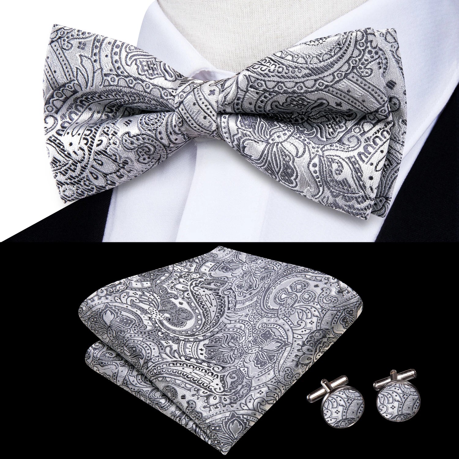 Hi-Tie Pink Dot Silk Mens Pre-tied Bow Tie Hanky Cufflink Set Dusty Pink Butterfly Knot Bowtie for Male Wedding Business