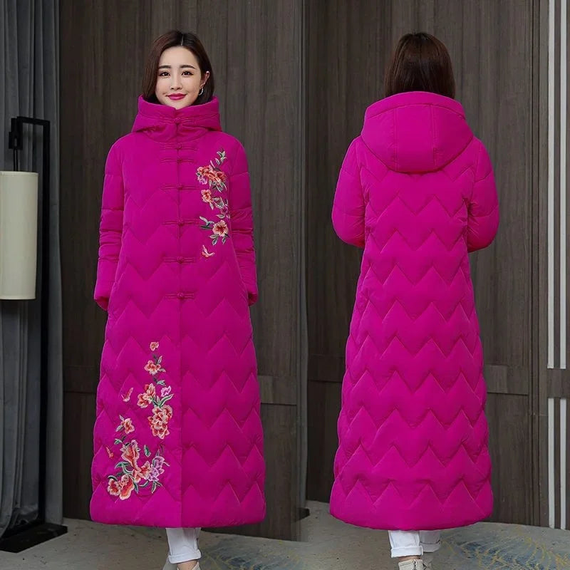 Winter Down Cotton Padded Women Chinese National Style Embroidered Long Outwear Thickened Warm Hooded Parkas Coat Female