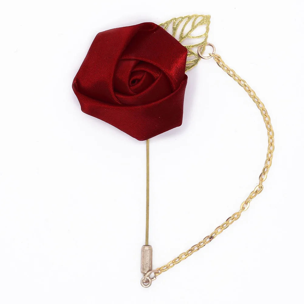 Burgundy Boutonnieres Wedding Accessories Groom Corsage Lapel Pins Ribbon Rose Flower Women Buttonhole Brooch Mariage Prom Decor