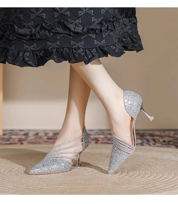 Sexy Pointed Toe Champagne Ladies High Heels New Shiny Crystal Wedding Bridal Shoes Simple and Elegant Women's Dress Shoes