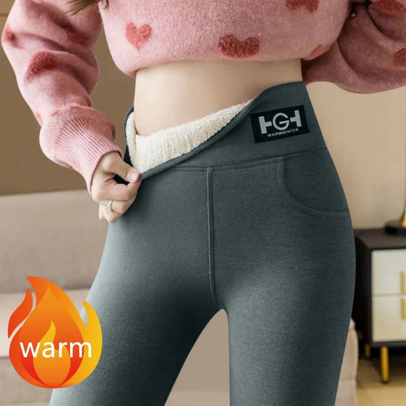 Winter Thermal Pants For Woman Lamb Cashmere Leggings High Waist Extra Thick Wool Tights Pants Warm Fleece Insulated Trousers
