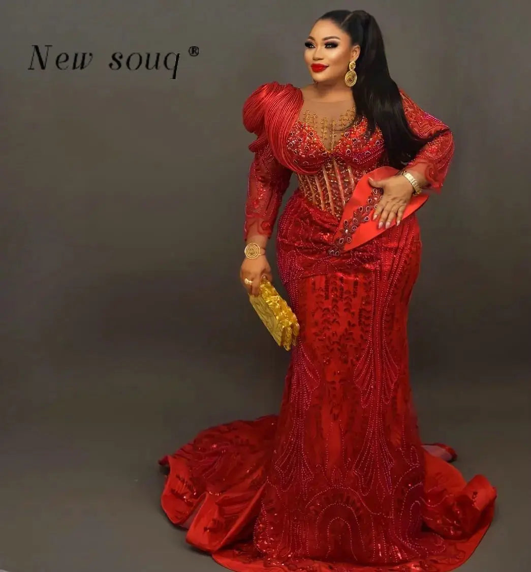 Plus Size Red Long Sleeves Mermaid Evening Dresses Sparkly Crystals Beaded African Wedding Reception Party Gowns Customized