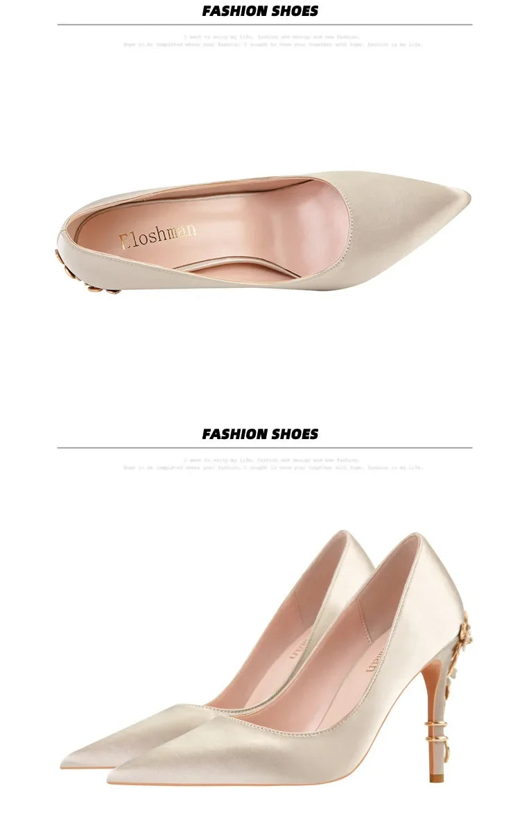 Women's Metal Flowers Stiletto High-heel Shoes Female  Light Luxury Sexy Fashion Wedding Shoes Pointed Toe Satin Single Shoes