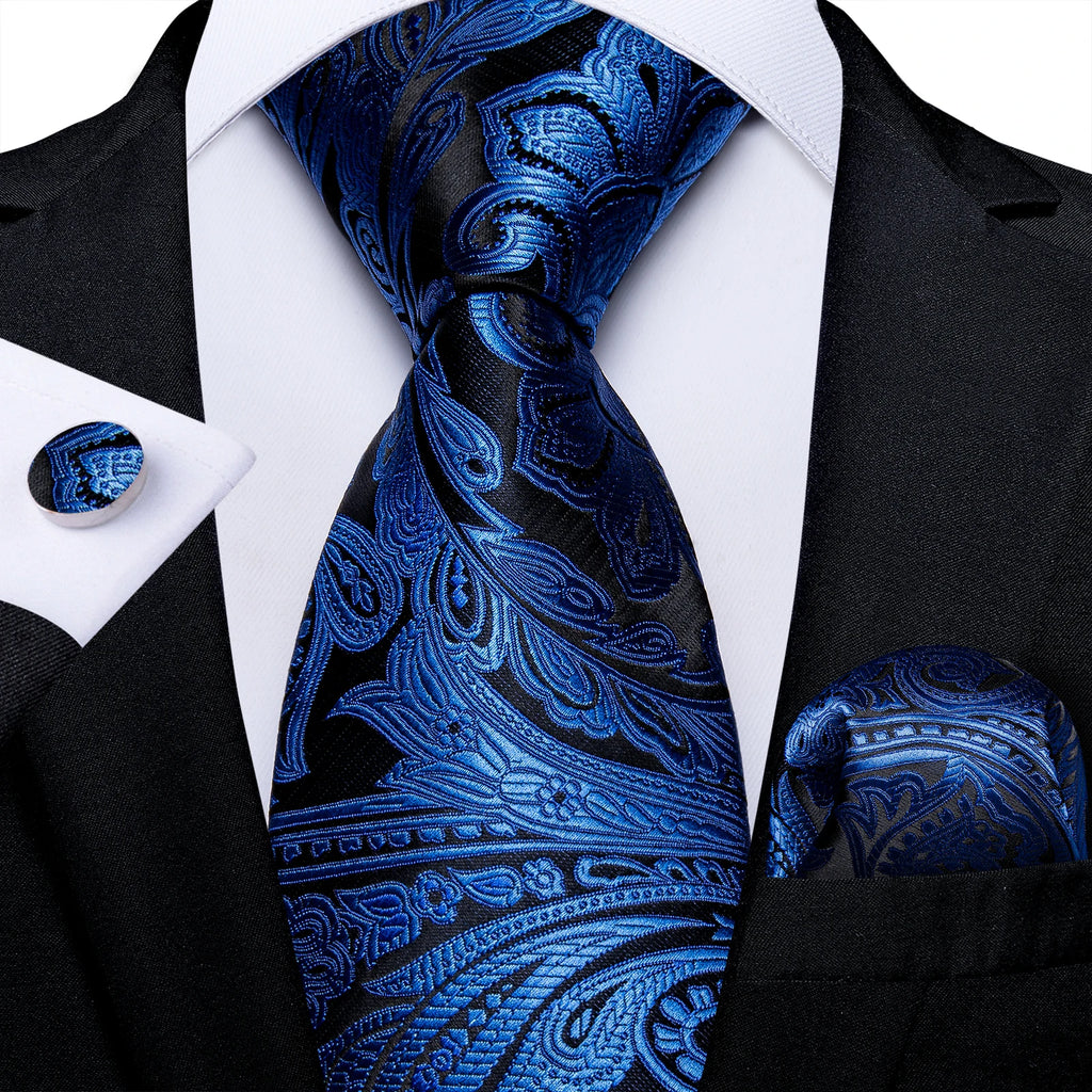 Royal Blue Paisley Plaid Striped Men tie Set with Handkerchief Cufflinks Wedding Prom Groom Accessories Perfect Gift for Men