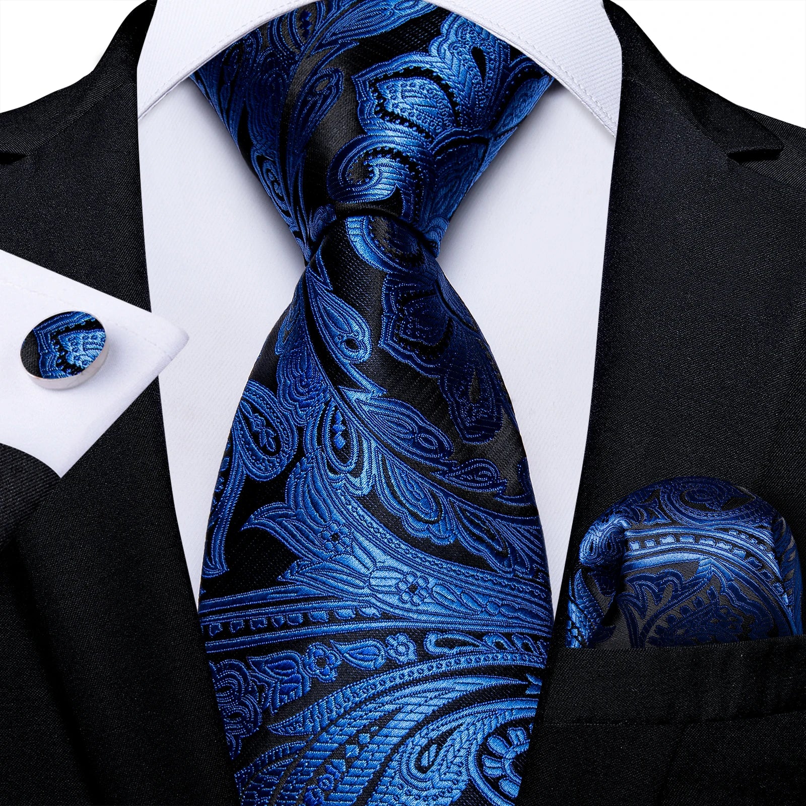 Royal Blue Paisley Plaid Striped Men tie Set with Handkerchief Cufflinks Wedding Prom Groom Accessories Perfect Gift for Men