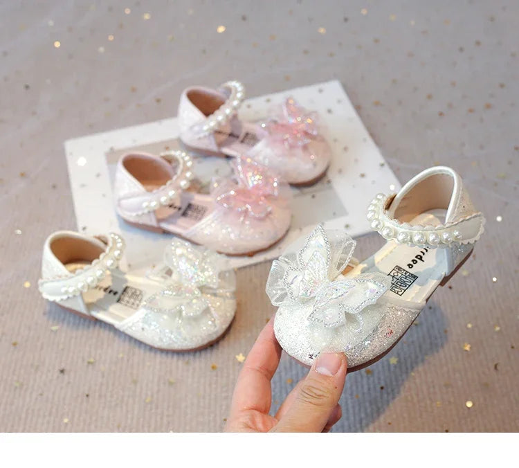 Chic Girls Dress Shoes for Wedding Party Bling Sequins with Rhinestone Butterfly Sweet Princess Chic Kids Flat Shoes Lace Beaded