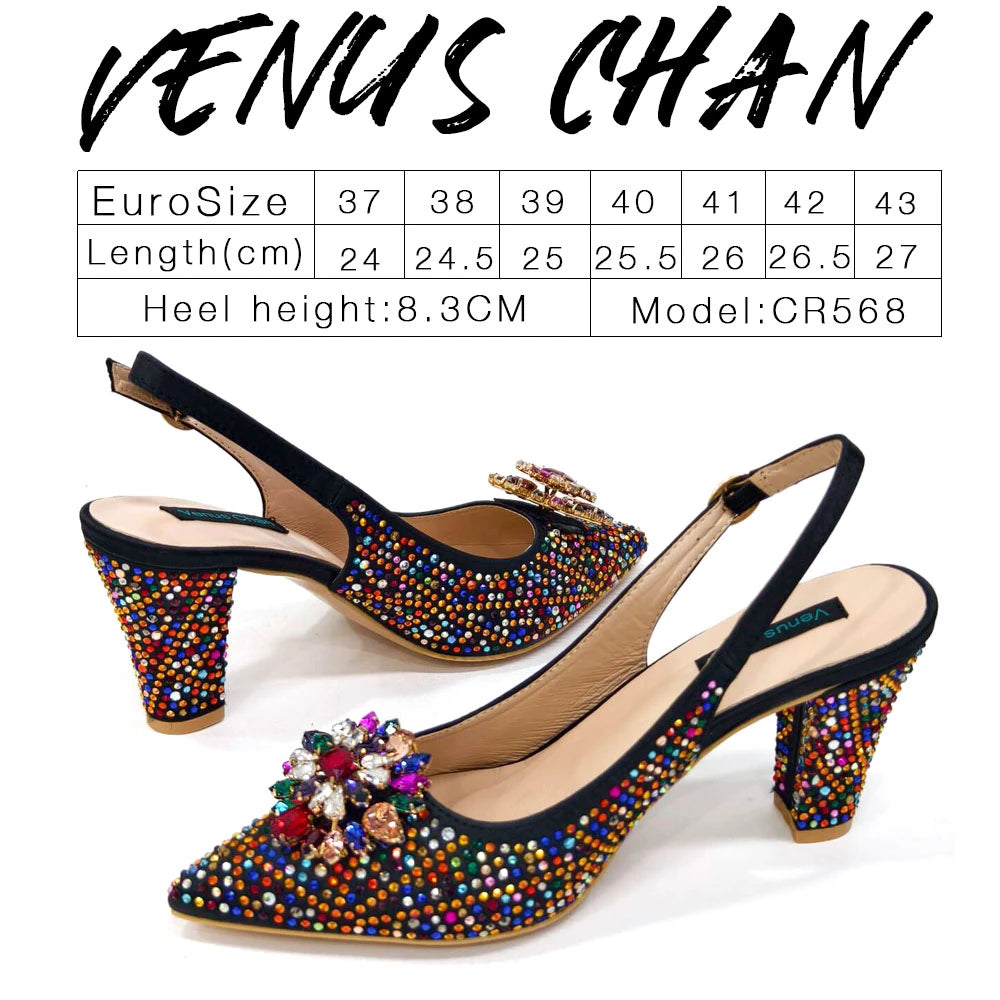 Venus Chan Nigerian Women Heel Party Ladies Italian Design Shoes And Bag Set Decorated with Rhinestone Handbag Wedding Party