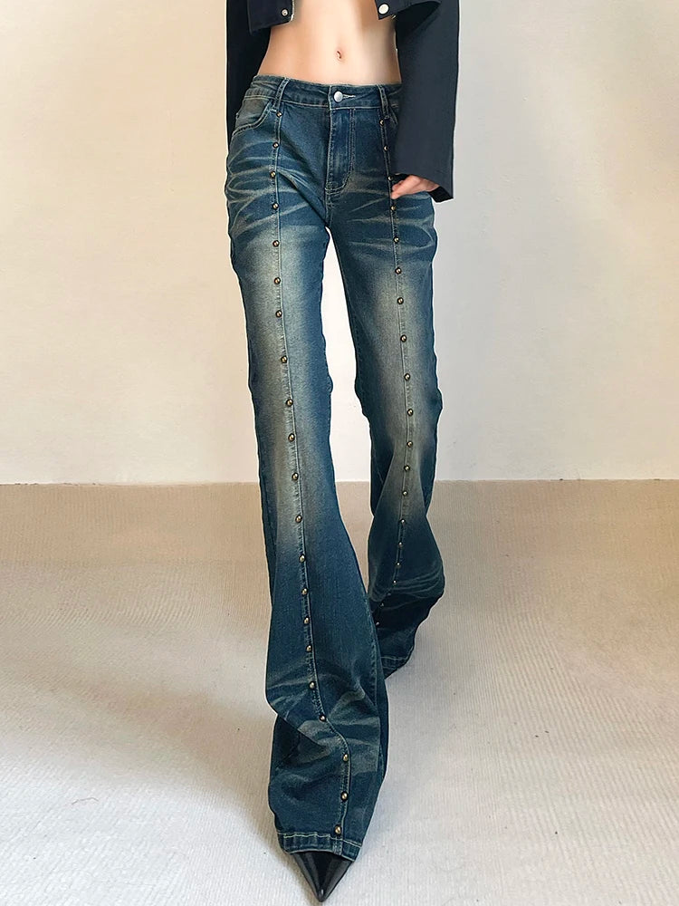 Rockmore Vintage Low Waist Flare Jeans Women Y2K Chic Rivet Slim Pencil Jean Pants Streetwear Fashion Retro Denim Trouser Korean