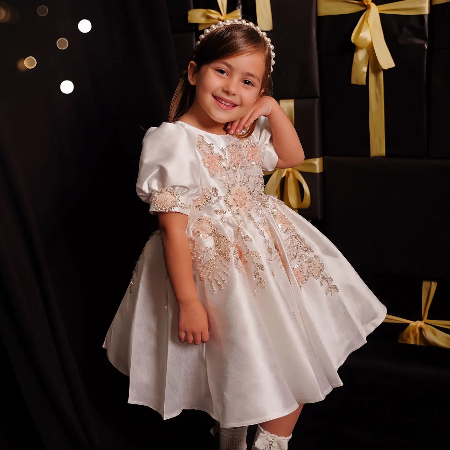 Jill Wish Luxury Off White Flower Girl Dresses Dubai Beading Sequined Princess Gown for Kids Wedding Birthday Party Pageant J085