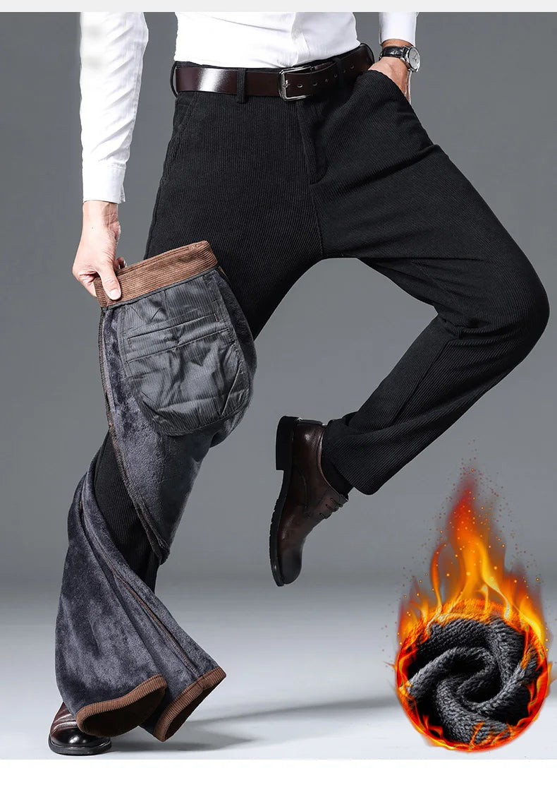 Winter New Corduroy Thick Pants Men's Fleece Fashion Business Straight Trousers Brand Comfortable Velvet Warm Plush Loose Pants