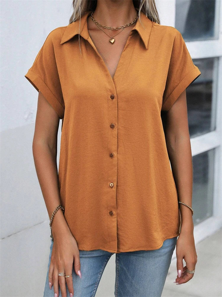 Classic Solid Color Short-sleeved Shirt Women's Summer New Casual Wind Tie Buckle Slim Short-sleeved Shirt Flip Collar Blouse
