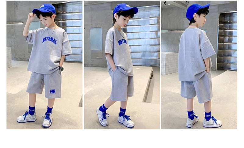 Boys Summer Casual Sets Thin Handsome T-shirt + Loose Shorts 2Pcs Kids Sportswear Loungewear Outfit Teenager Suit 5-14 Years