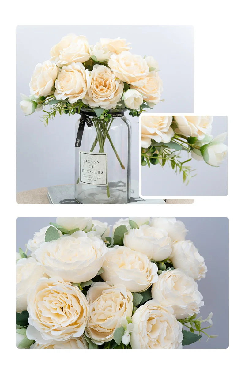 5 Flower Heads Artificial Wedding Rose Flowers Decoration Bride Holding Flower Bouquet Home Room Table Decor