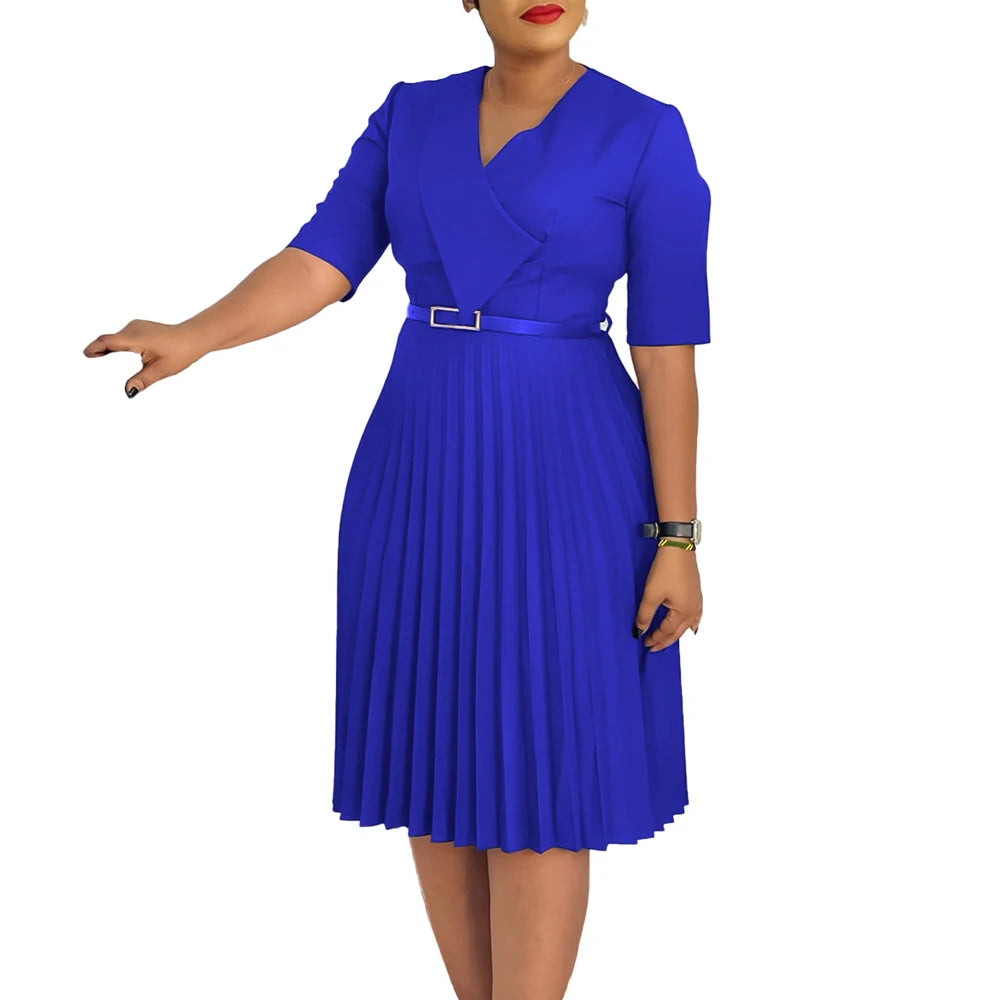 Church Dresses for Women Elegant V Neck Half Sleeves Pleated A-Line Midi Dress Female Classy Modest African Summer Fashion Gowns