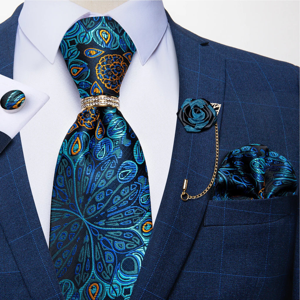New Designer Blue Red Paisley Ties For Men Wedding Party Neck Tie Luxury Tie Ring Brooch 100% Silk Tie Set Gift For Men DiBanGu