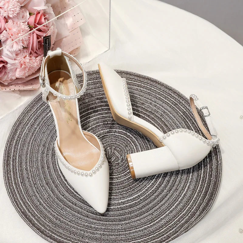 Size 34-48 Pointed Tie High Heels White Bridal Shoes Thick Heel Hollow Handmade Pearls Women's Wedding