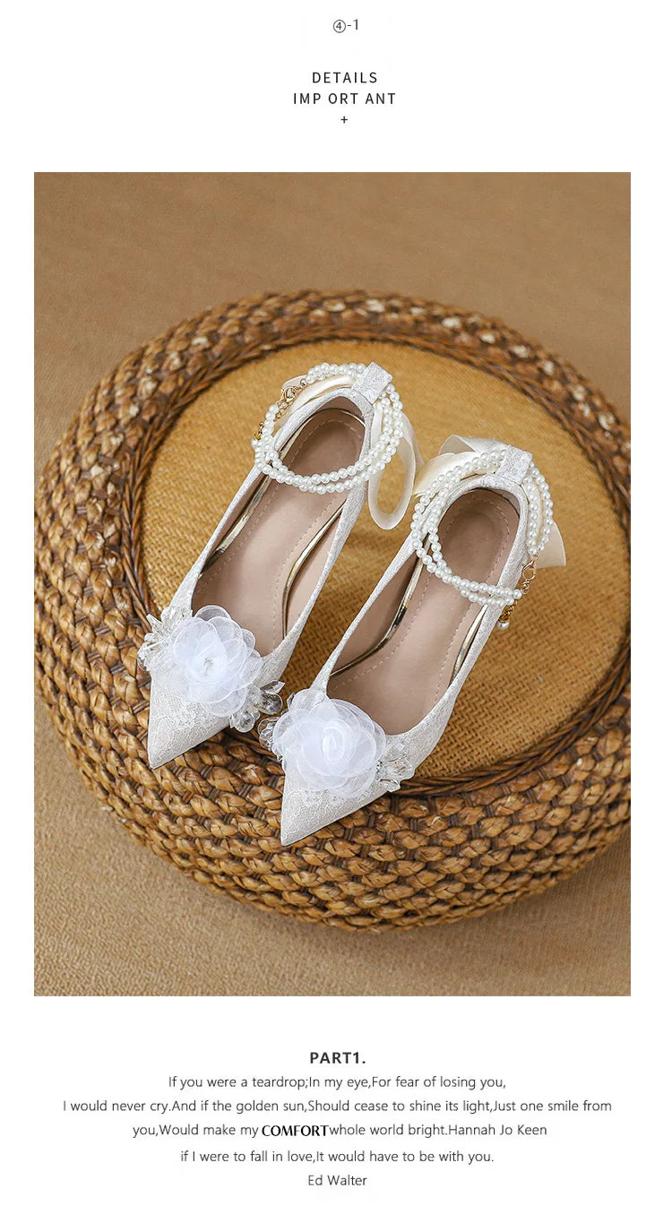 High heels, women's wedding shoes, Hexiu, two pairs of thick heels, beautiful ankle rings, pearl straps, bridal shoes