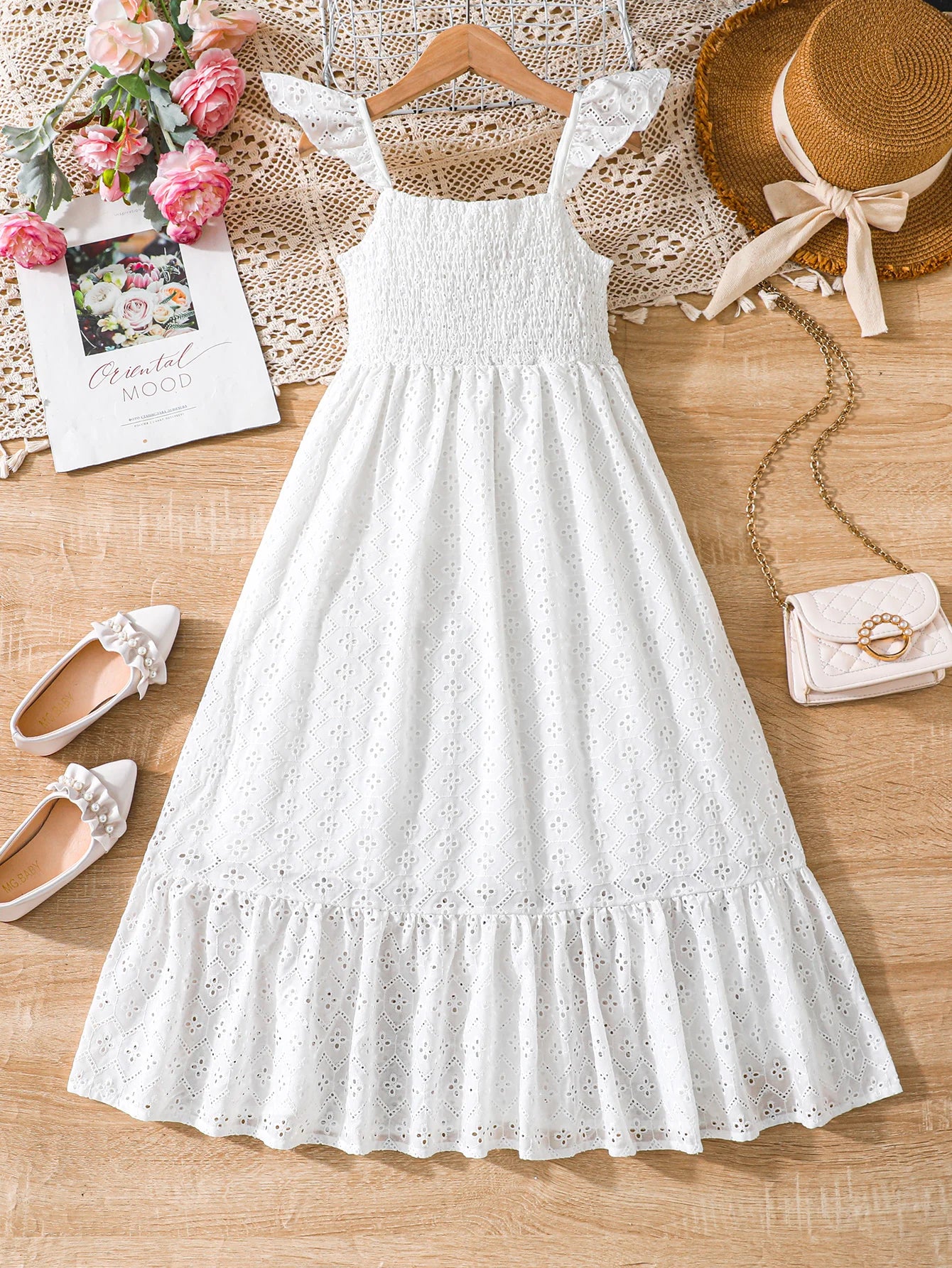 Euro-american style summer children's girls slimming hollow embroidered vest lace halter with layered breasted close sexy dress