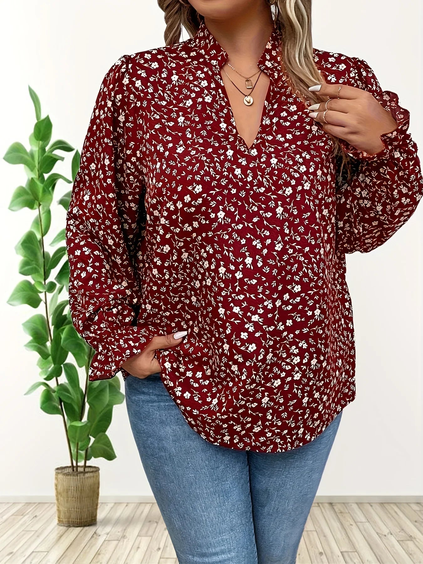 Plus Size 1XL-5XL Women’s Fashion V-neck Printed Shirt Blouse Women Spring Summer Casual Long Sleeved Print Top Shirt