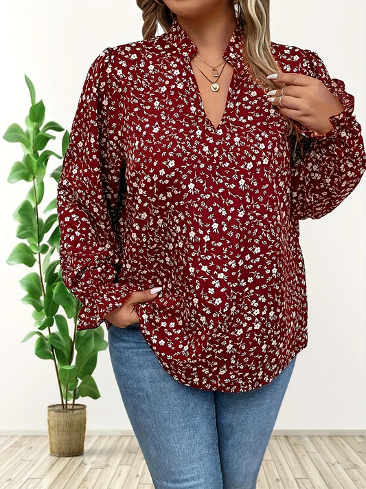 Plus Size 1XL-5XL Women’s Fashion V-neck Printed Shirt Blouse Women Spring Summer Casual Long Sleeved Print Top Shirt
