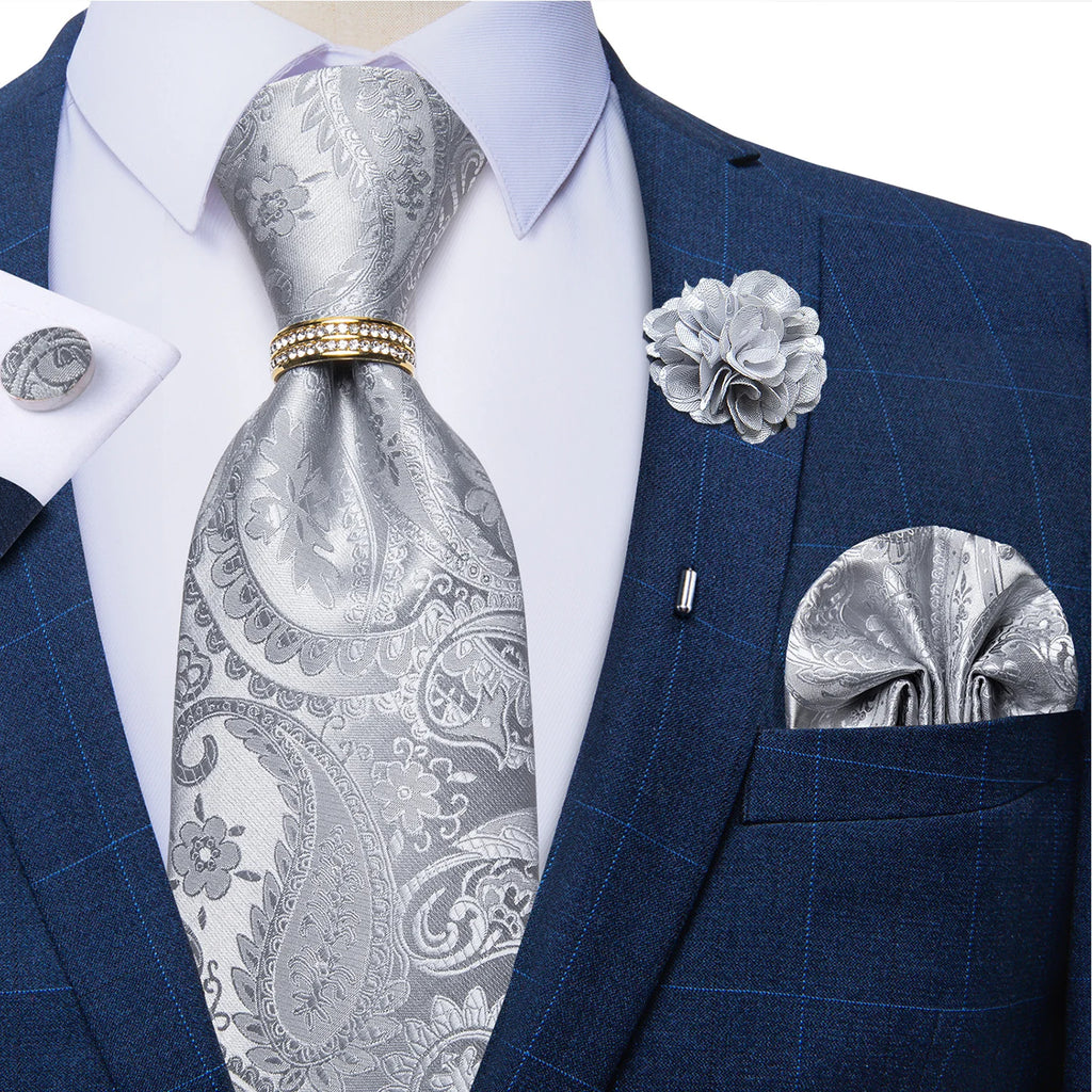 Men's Floral Red 8cm Ties Handkerchief Cufflinks Metal Ring Brooch Pin 5 Pcs Set Wedding Party Suits Accessory Gift for Husband