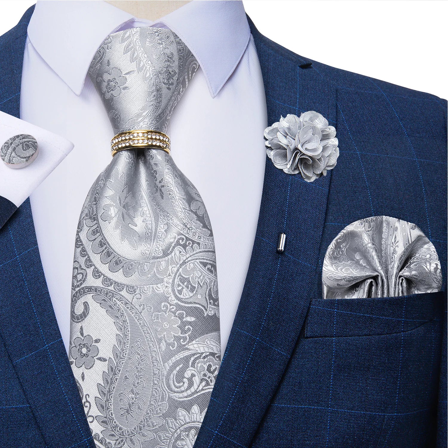 Men's Floral Red 8cm Ties Handkerchief Cufflinks Metal Ring Brooch Pin 5 Pcs Set Wedding Party Suits Accessory Gift for Husband