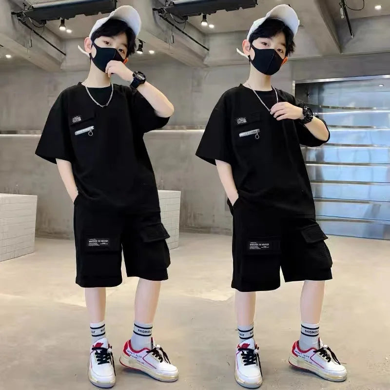 Summer Boys Sets Children Casual Clothing Suits Teenager Sports T-shirts Suits Big Kids Short Sleeves Tops+Shorts 2Pcs Outfits