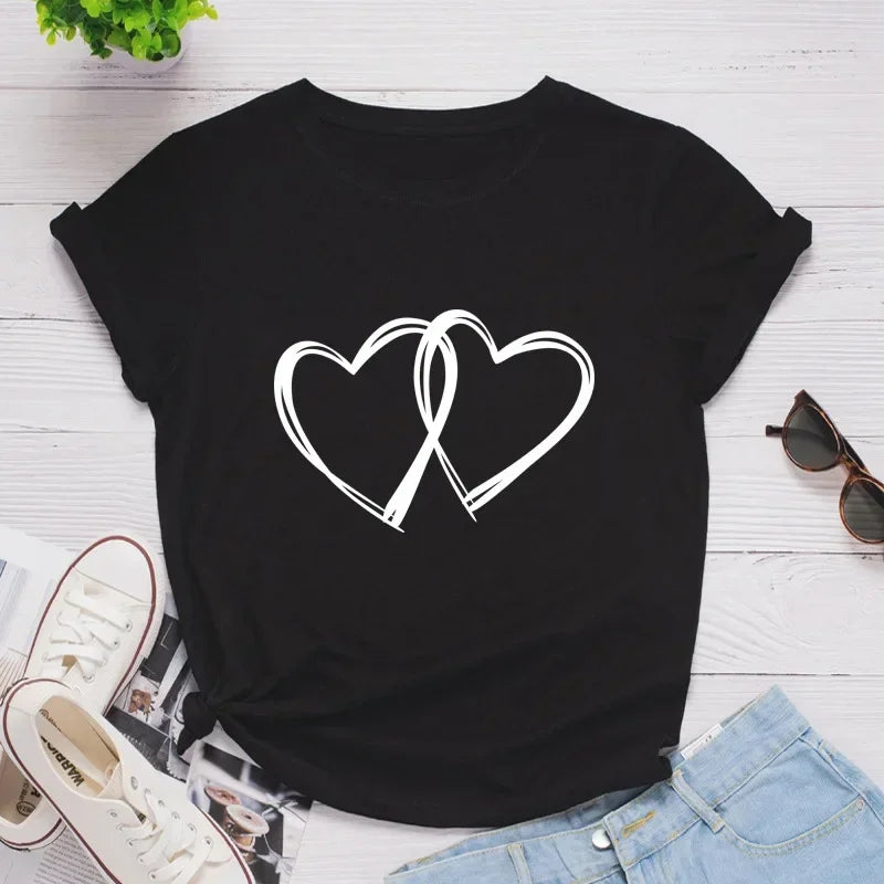 Double Heart Print Women T Shirt Short Sleeve O Neck Loose Women Tshirt Ladies Fashion Tee Shirt Tops Clothes