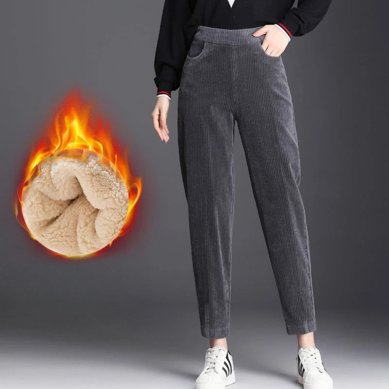 Corduroy Pants Women Winter Plush Lined Wide Leg Relaxed Fit Fleece Insulated Ribbed Trousers Vintage Street Style Leggings