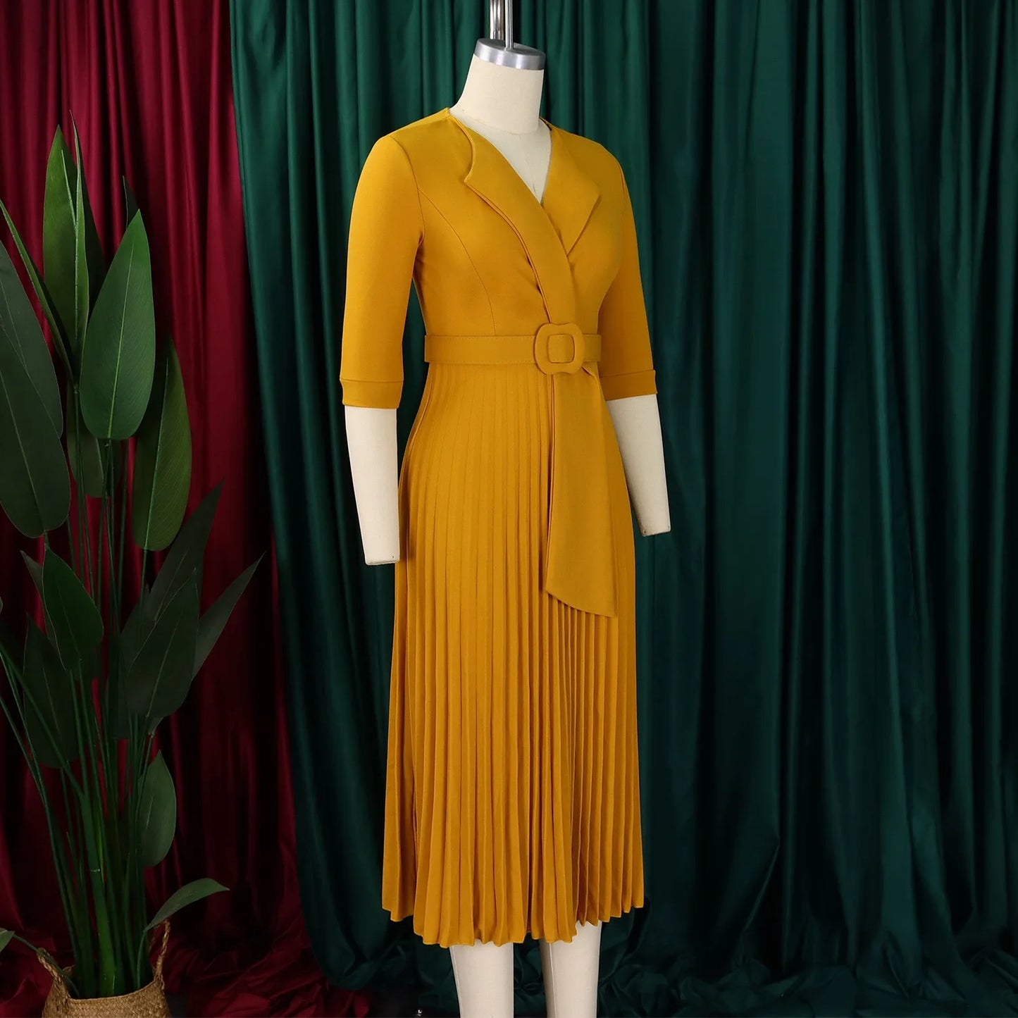 Elegant Office Ladies Dresses 2024 Autumn Fall Notched Collar Half Sleeve Belt Waisted Mid Calf Female Birthday Party Dress Midi