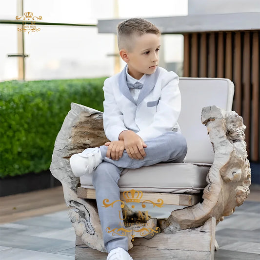 Boys' Linen Suit 2-piece set white Jacket Grey Pants Toddler first communion Outfit, pageboy formal set for wedding ring bearer