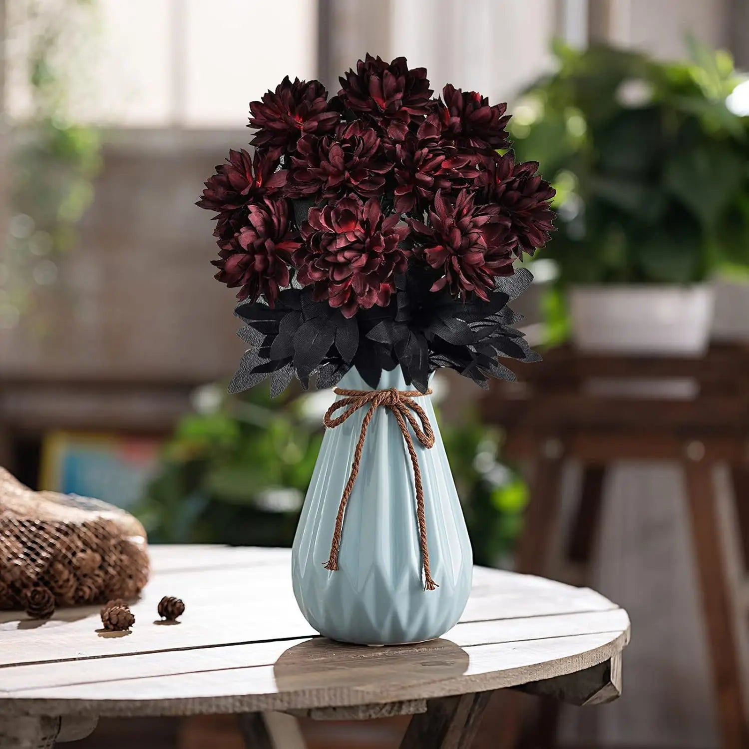 Halloween Decoration Burgundry Dahlia Black Artificial Flower Branch Arrangement Materials Fake Flower Table Home Party Decor