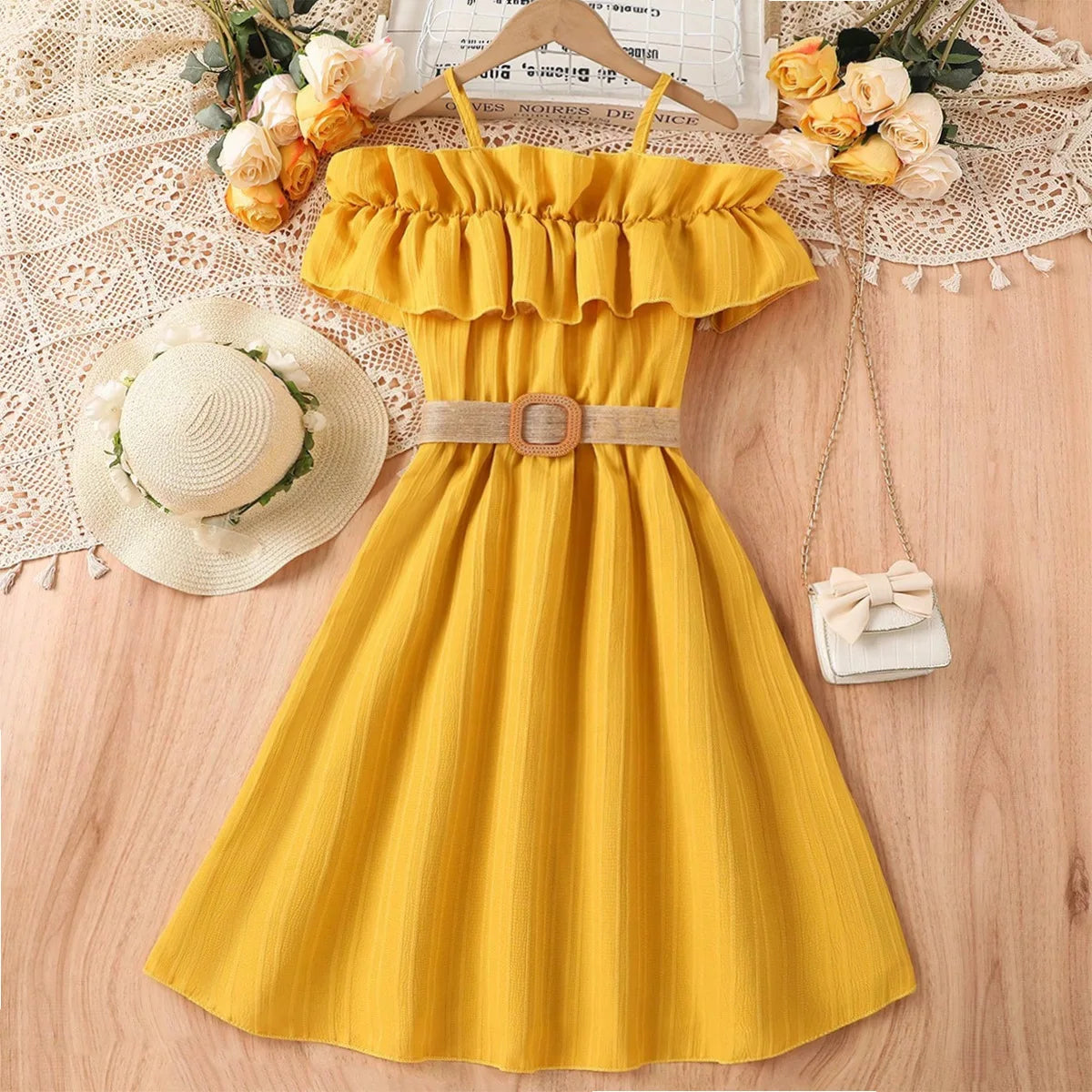 Summer Girl Dress Off Shoulder Fashion Girl Clothes Teenager Beach Dress with Belt Kid Outfits Children Clothing Plus Size Teens
