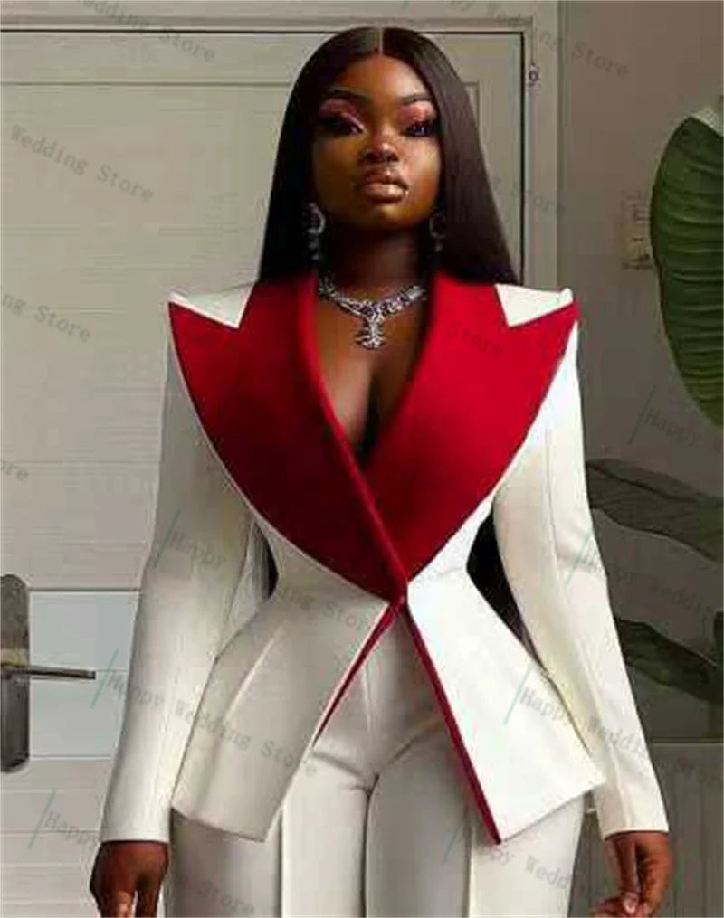 White Women Suit Set 2 Piece Blazer+Pants Trousers Red Lapel Cotton Formal Office Business Lady Jacket Customized Wedding Coat