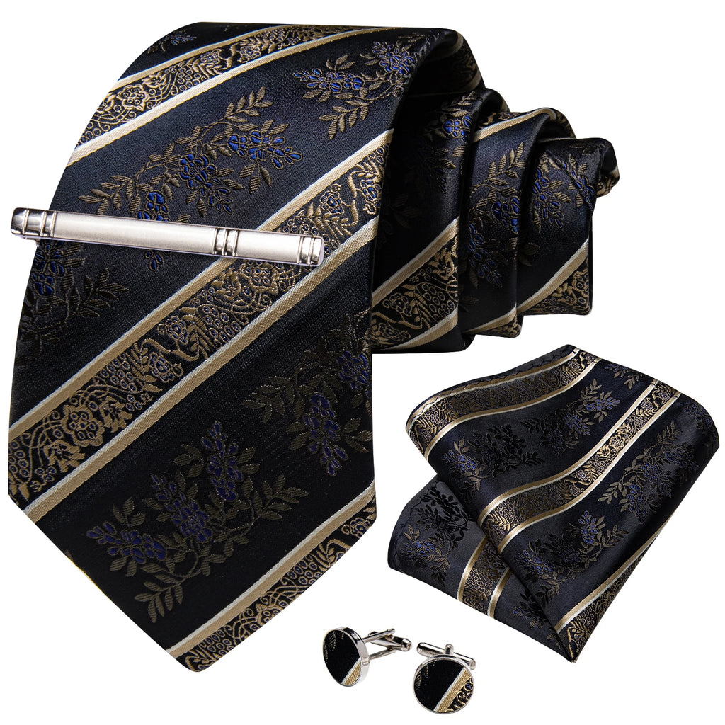 Men's Tie Set with Clip Luxury Retro Striped Floral 8cm Necktie Handkerchief Cufflinks Wedding Party Business Accessories Gift