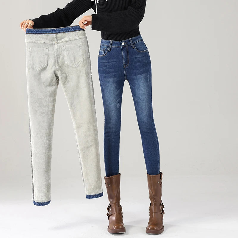 Women Thermal Jeans Winter Snow Warm Thickened Fleece Stretch Skinny Pencil Pants Fashion Korean Slim Fit Velvet Plush Pants
